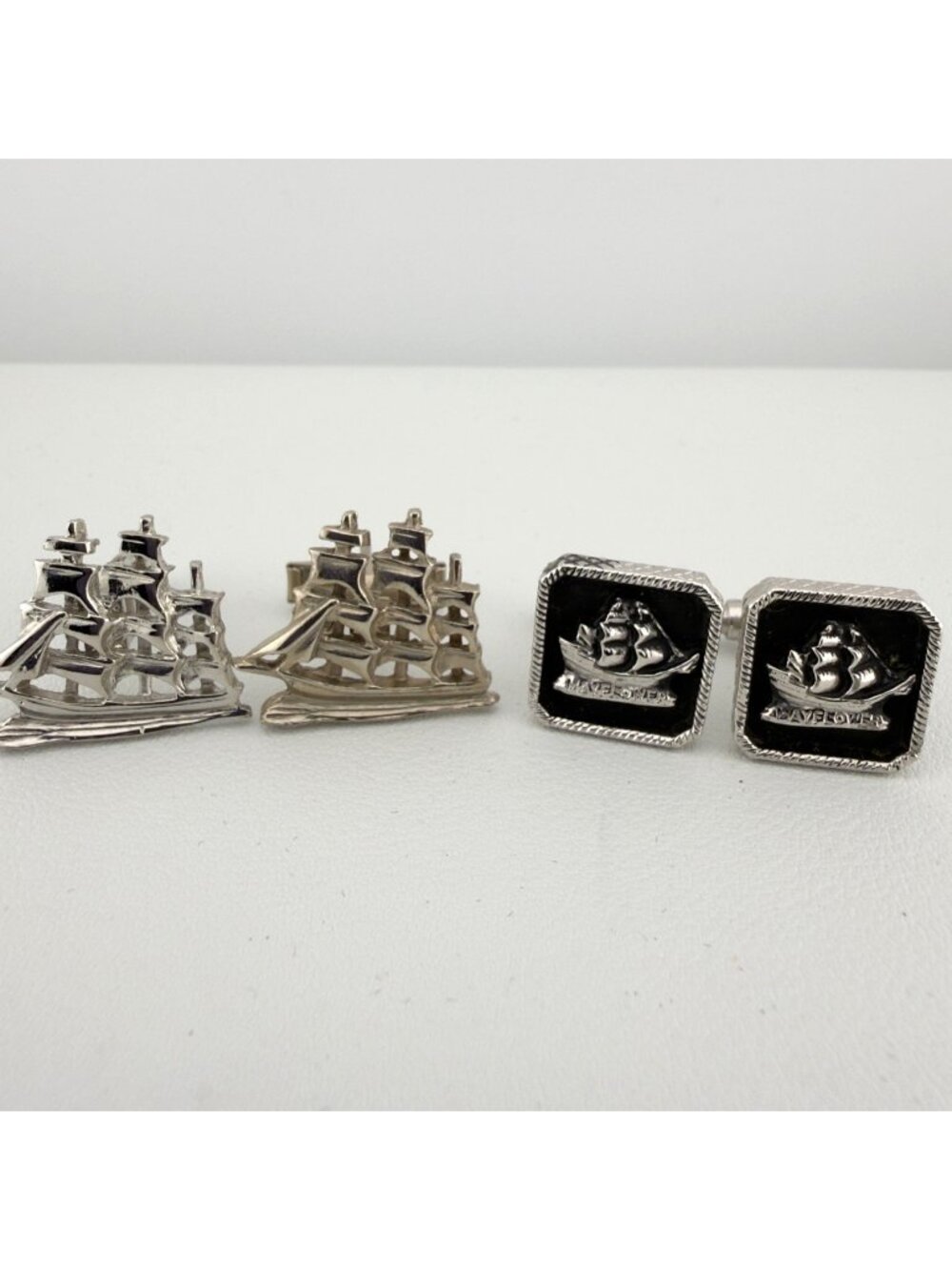 Vintage Cufflinks Set of 2 Tall Ships Mayflower Silver Tone Nautical Sailing